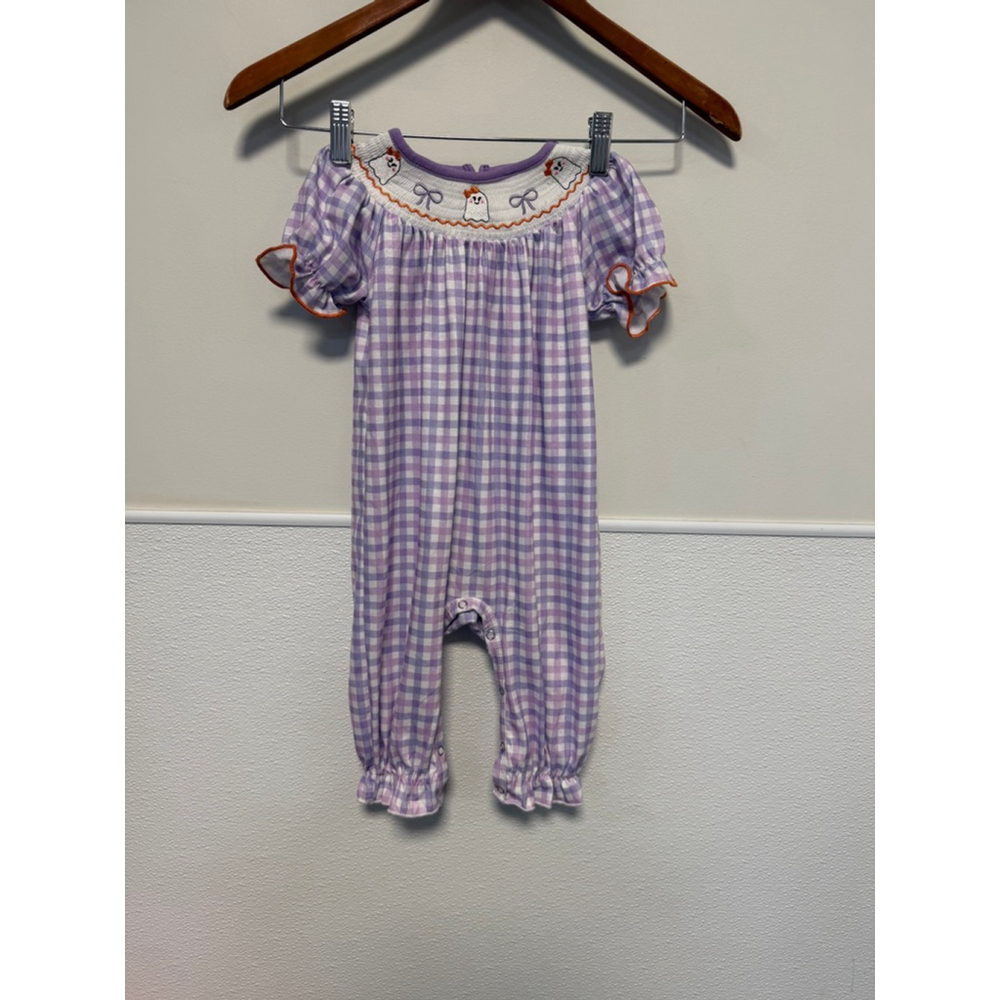 Baby Girl Jumpsuit & Romper 12 M Purple White Gingham Ghost Smocked Embroidered - Picture 7 of 7